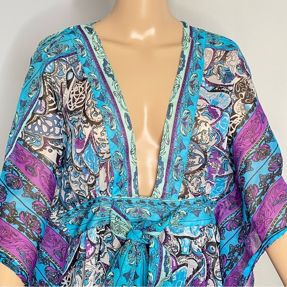 Vibrant Blue Turquoise and Purple Sheer Women's Swim Cover-Up Fits M/L - Picture 15 of 16